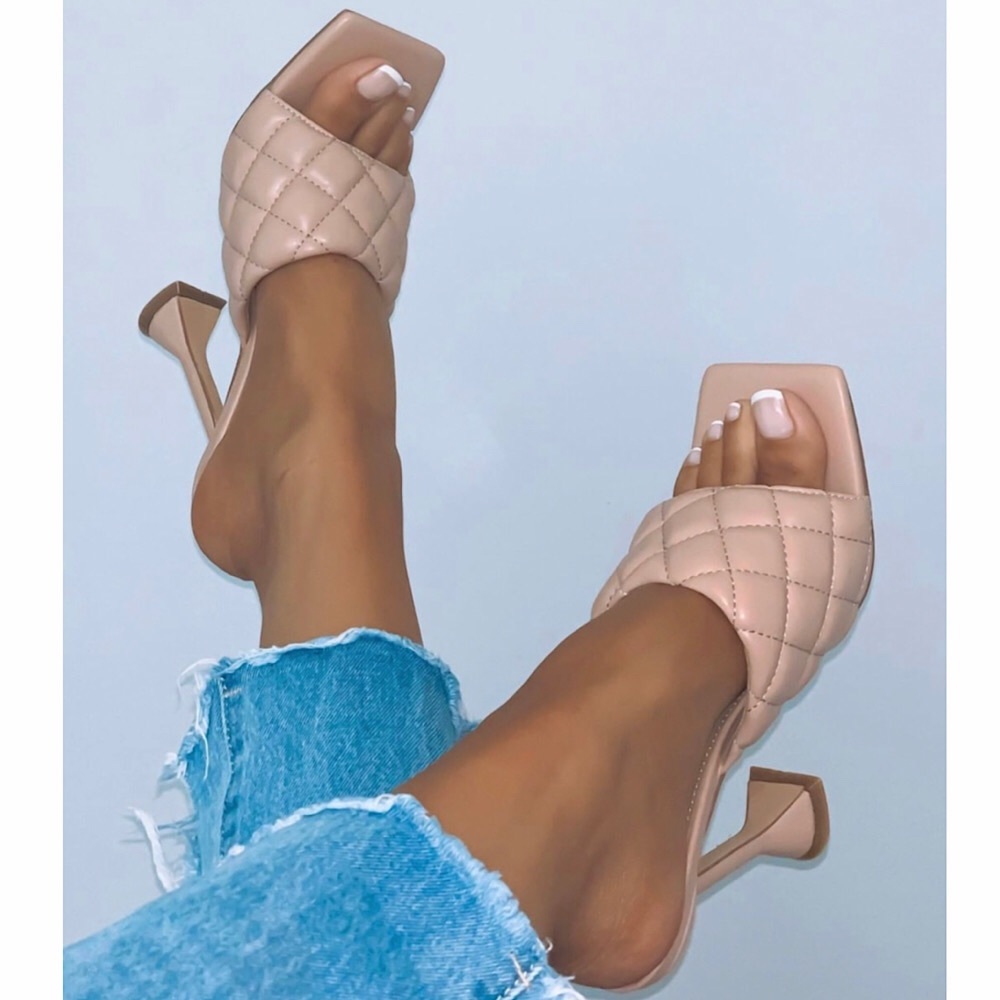 Quilted Square Toe Pyramid Heel Mules Nude